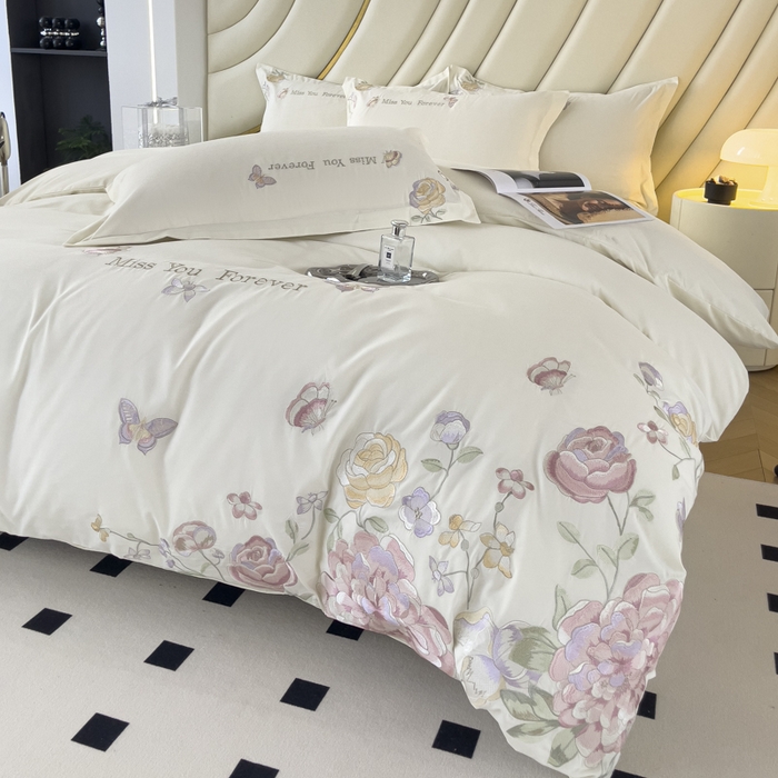 91家纺网 家纺一手货源 找家纺 （总）恋之语 2025新款水洗棉刺绣四件套-玫瑰花