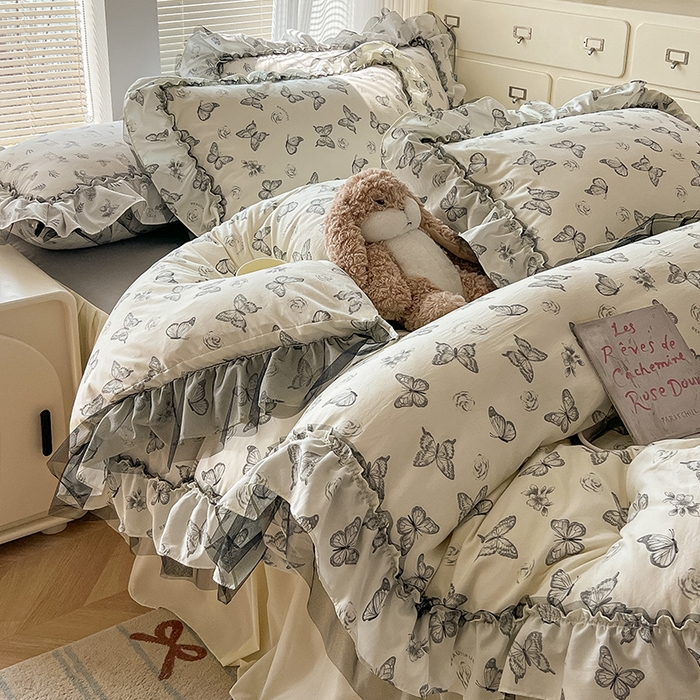 91家纺网 家纺一手货源 找家纺 眠帛家居 2025新款A类法式皱皱纱小清新蕾丝花边四件套 蝶舞