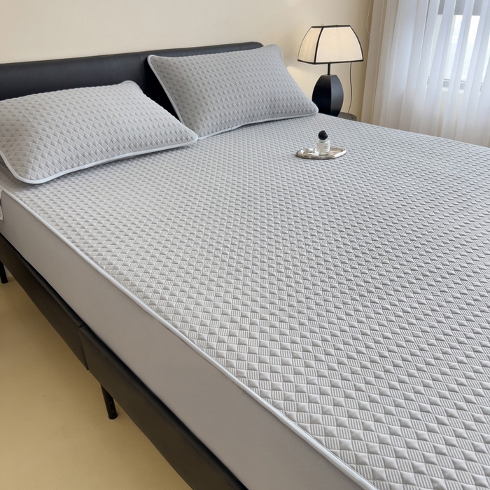 91家纺网 家纺一手货源 找家纺 席世家 2025新款凉感席冰豆豆席子三套件凉席床笠 小方格珍珠灰-床笠款