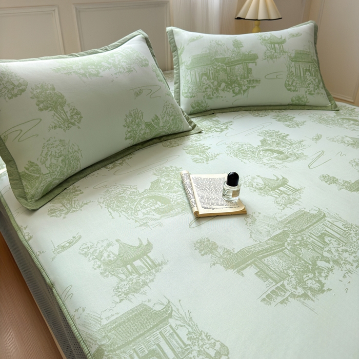 91家纺网 家纺一手货源 找家纺 花漾家居 2025新款A类色织提花PE凉感丝凉席三件套床单床笠款 床笠款-江南绿