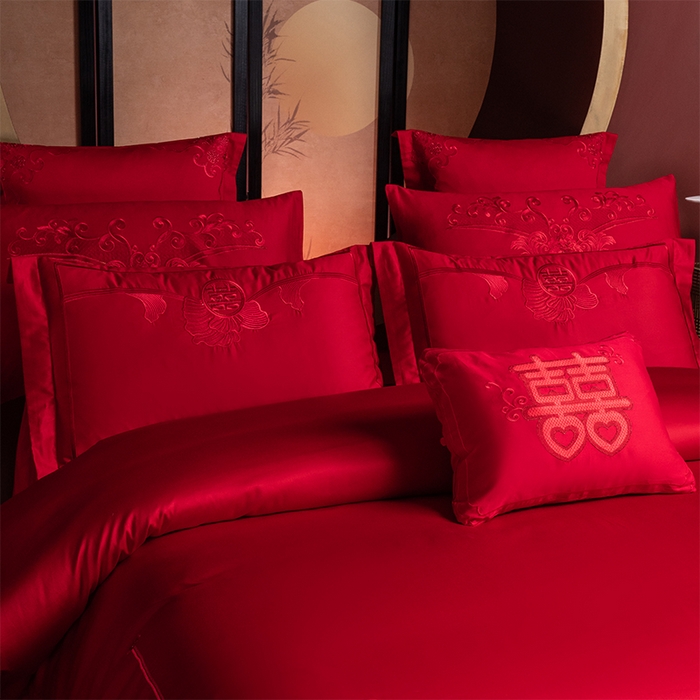 91家纺网 家纺一手货源 找家纺 博之洋婚庆 2025新款全棉长绒棉刺绣新中式婚庆系列多件套 甜蜜时光--红