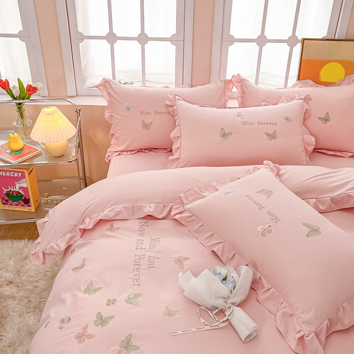 91家纺网 家纺一手货源 找家纺 （总）恋之语 2025新款水洗棉刺绣花边四件套-蝶羽