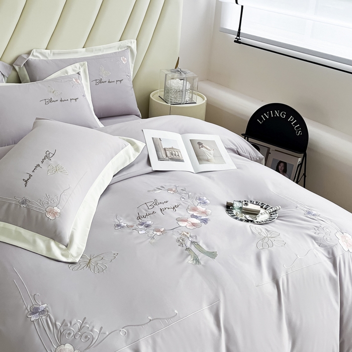 91家纺网 家纺一手货源 找家纺 恋之语 2025新款水洗棉刺绣四件套-锦绣花 锦绣花-浅灰