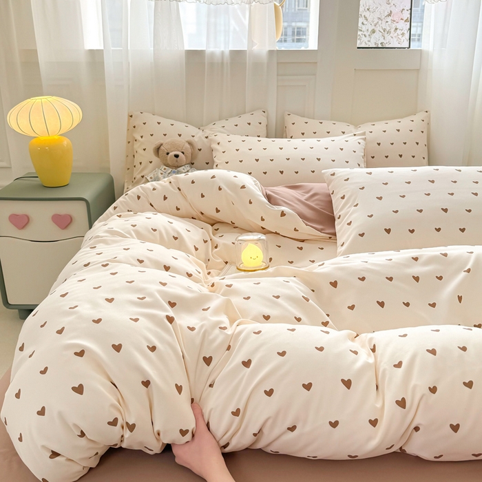 91家纺网 家纺一手货源 找家纺 丝芙妮家居2025新款水洗针织棉双层纱印花四件套 甜心