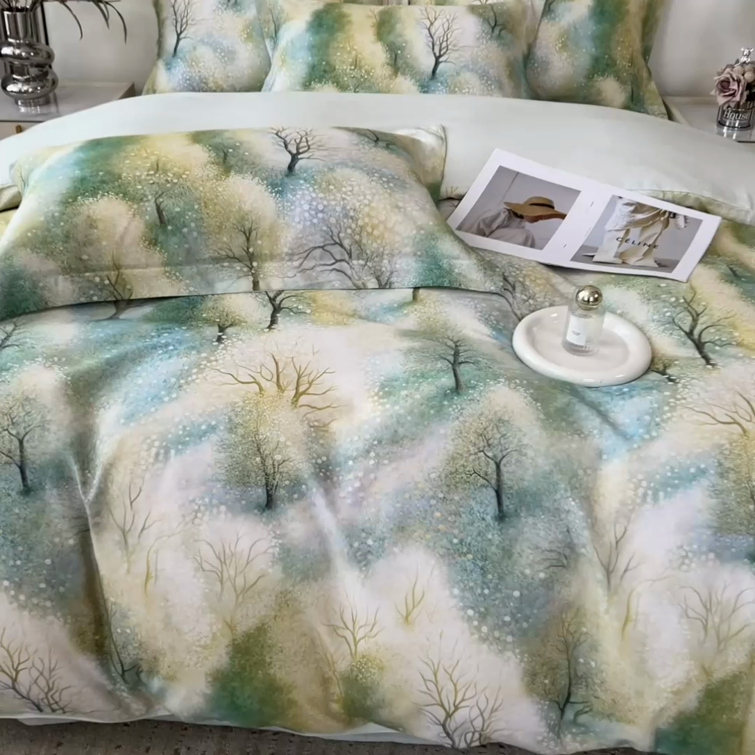 91家纺网 家纺一手货源 找家纺 芃成家纺 2025新款A类莱赛尔天丝棉四件套 冬雪寒香