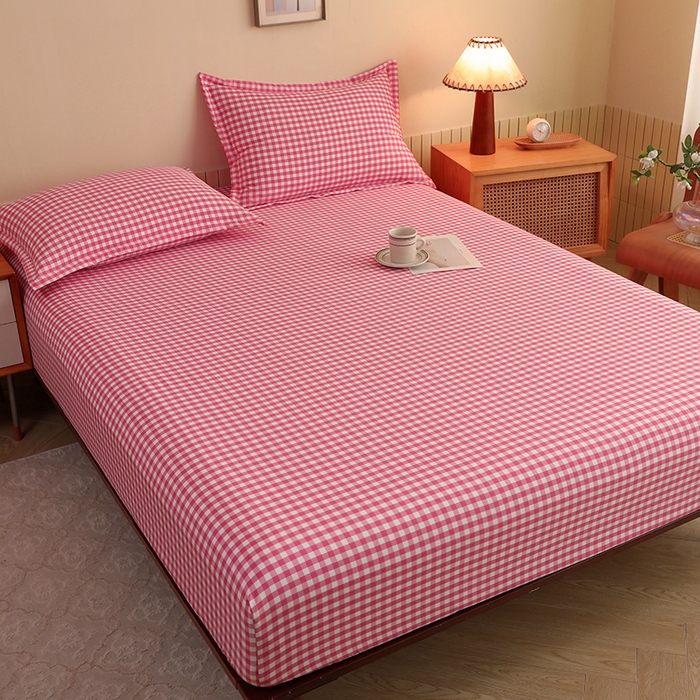 91家纺网 家纺一手货源 找家纺 绒多多 2025新款简约水洗棉色织床笠 深红小格