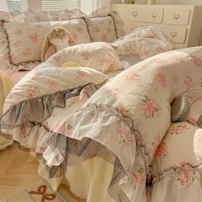 91家纺网 家纺一手货源 找家纺 眠帛家居 2025新款A类法式皱皱纱小清新蕾丝花边四件套 香溢