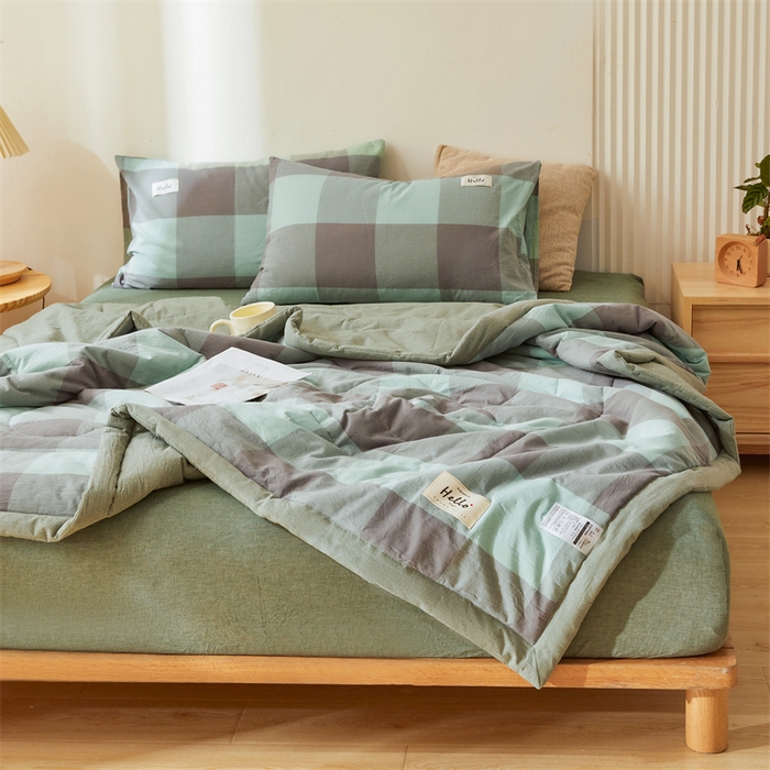 91家纺网 家纺一手货源 找家纺 恋人优选 2025新款纯棉色织水洗夏被 绿灰大格