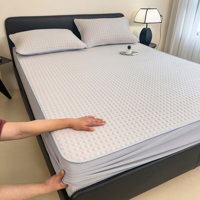 91家纺网 家纺一手货源 找家纺 席世家 2025新款凉感席冰豆豆席子三套件凉席床笠 小方格米咖-床笠款