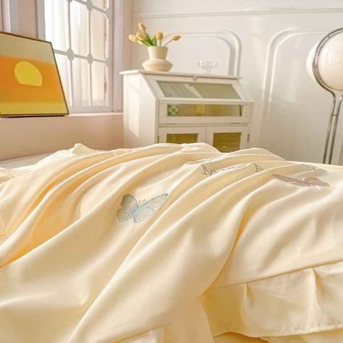 91家纺网 家纺一手货源 找家纺 恋之语 2025新款水洗棉刺绣花边四件套-蝶羽 蝶羽-黄