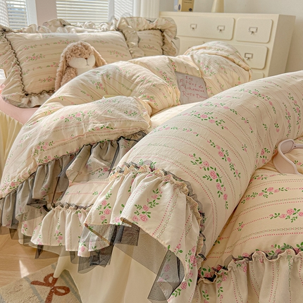 眠帛家居 2025新款A类法式皱皱纱小清新蕾丝花边四件套 锦簇