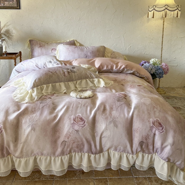 91家纺网 家纺一手货源 找家纺 亲亲公主 2025新款莱赛尔天丝棉玫瑰之恋四件套 玫瑰之恋一粉色