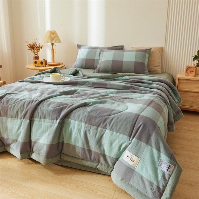 91家纺网 家纺一手货源 找家纺 恋人优选 2025新款纯棉色织水洗夏被 绿灰大格