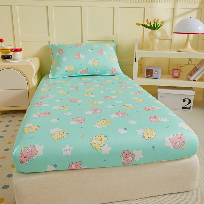 91家纺网 家纺一手货源 找家纺 ds生活馆 2025新款儿童纯棉精梳棉系列单床笠 星星恐龙绿