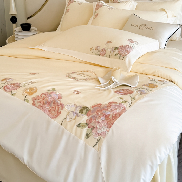 91家纺网 家纺一手货源 找家纺 恋之语 2025新款水洗棉刺绣四件套-伊莉莎 伊莉莎-黄