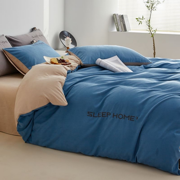 91家纺网 家纺一手货源 找家纺 恋之语 2025新款110克麻绳双拼刺绣单被套 星空蓝+卡其