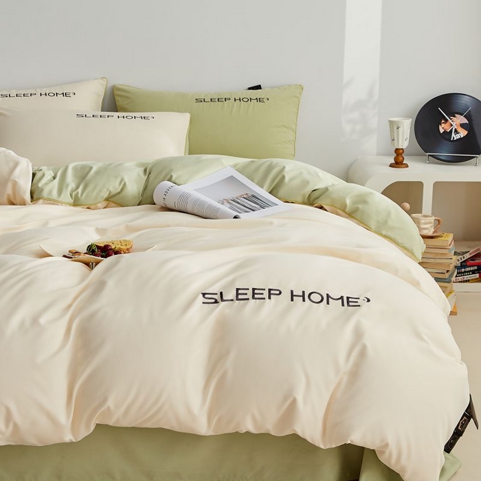 91家纺网 家纺一手货源 找家纺 恋之语 2025新款110克麻绳双拼刺绣四件套 米黄+抹茶绿