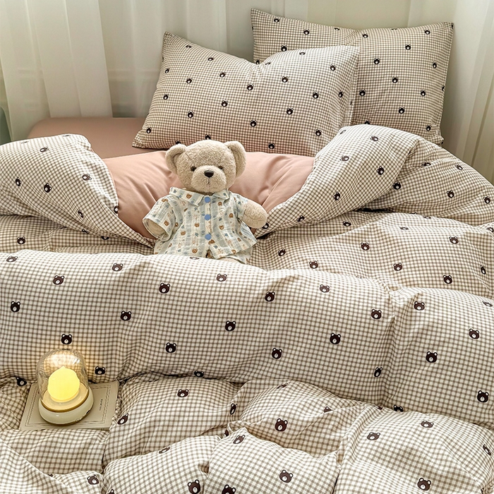 91家纺网 家纺一手货源 找家纺 丝芙妮家居2025新款水洗针织棉双层纱印花四件套 格子熊