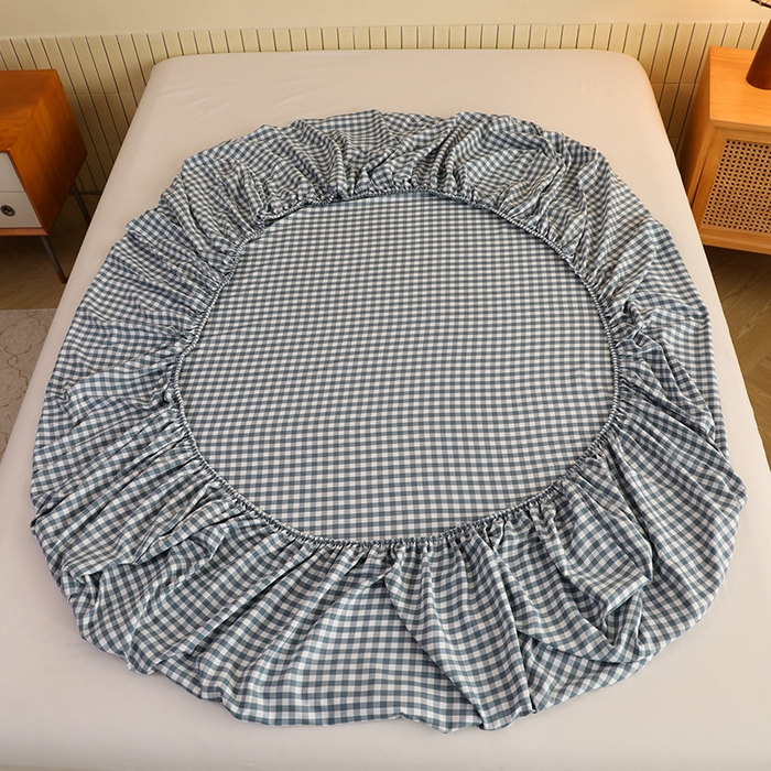 91家纺网 家纺一手货源 找家纺 绒多多 2025新款简约水洗棉色织床笠 蓝小格