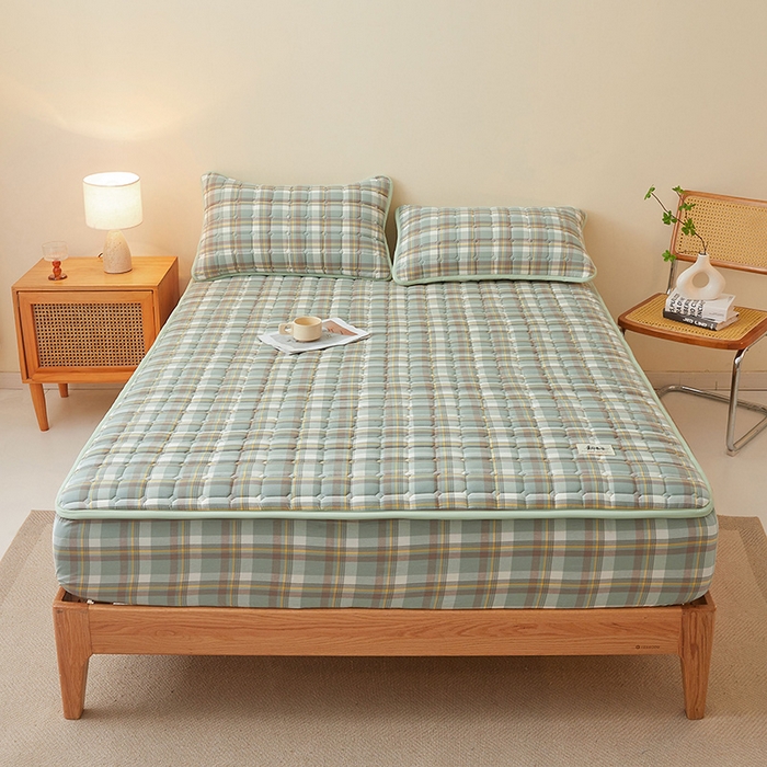 91家纺网 家纺一手货源 找家纺 喜居家纺2025新款A类水洗棉夹棉棉花床笠垫 棉-云舒绿