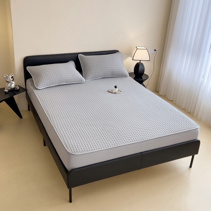 91家纺网 家纺一手货源 找家纺 席世家 2025新款凉感席冰豆豆席子三套件凉席床笠 小方格珍珠灰-床笠款