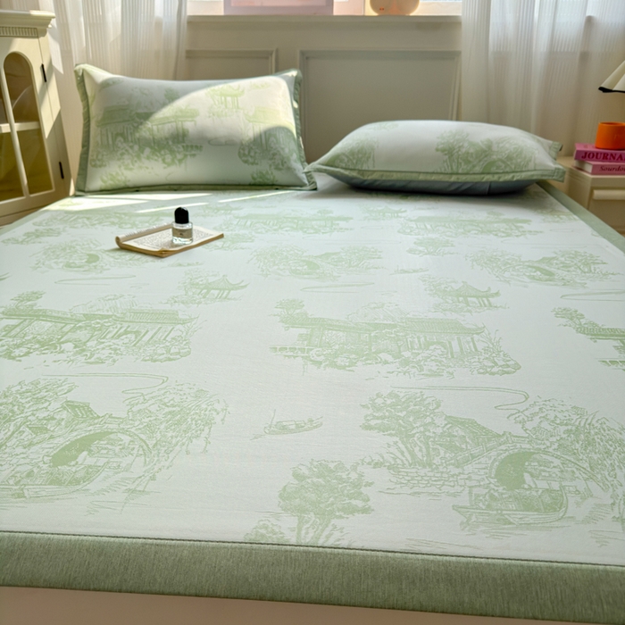 91家纺网 家纺一手货源 找家纺 花漾家居 2025新款A类色织提花PE凉感丝凉席三件套床单床笠款 床单款-江南绿