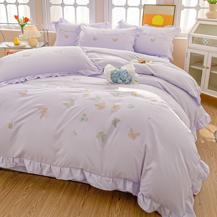 91家纺网 家纺一手货源 找家纺 恋之语 2025新款水洗棉刺绣花边四件套-蝶羽 蝶羽-紫