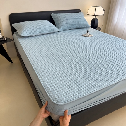 91家纺网 家纺一手货源 找家纺 席世家 2025新款凉感席冰豆豆席子三套件凉席床笠 小方格宝石蓝-床笠款