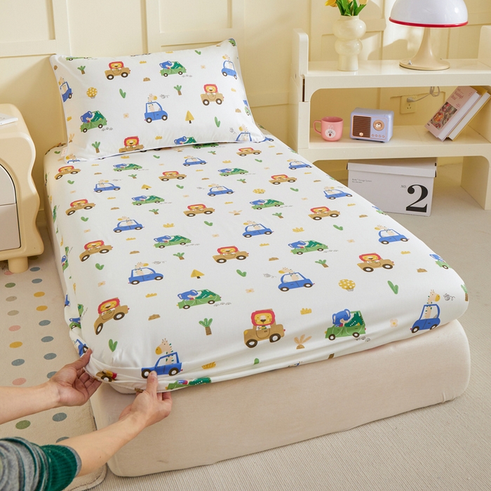 91家纺网 家纺一手货源 找家纺 ds生活馆 2025新款儿童纯棉精梳棉系列单床笠 森林巴士