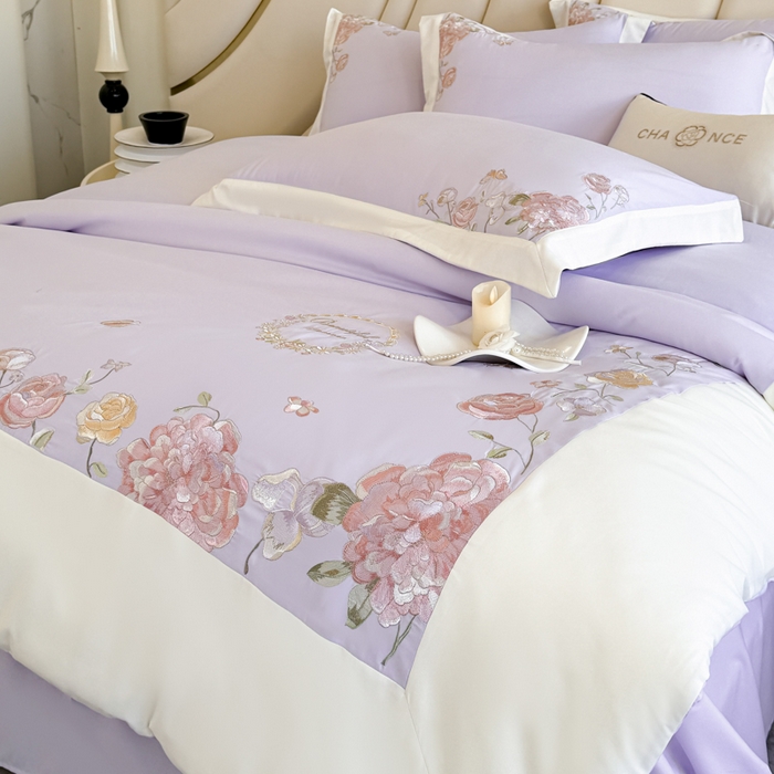 91家纺网 家纺一手货源 找家纺 恋之语 2025新款水洗棉刺绣四件套-伊莉莎 伊莉莎-紫白