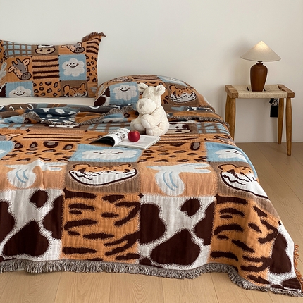 麻依 2025新款全棉四层纱布流苏毯旅行披肩休闲毛巾被 森林宝贝