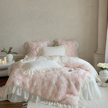 栩裕纺织 2025新款50支澳棉四件套-棉玫瑰故事和春晓 铂金棉玫瑰故事米