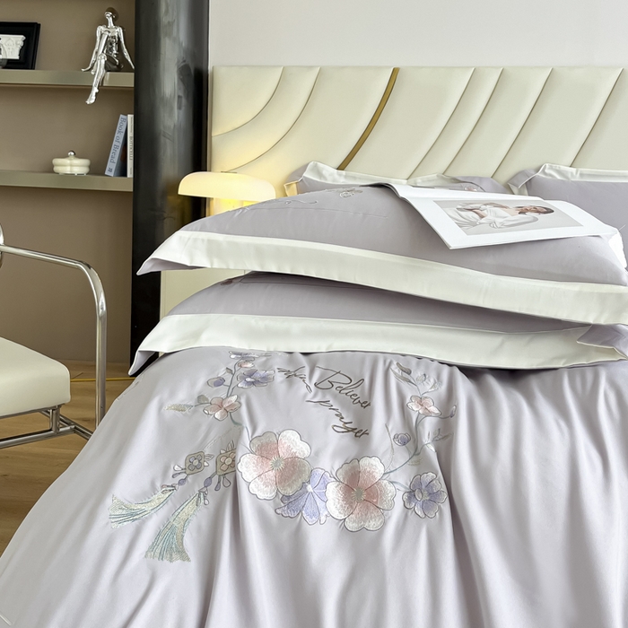 91家纺网 家纺一手货源 找家纺 恋之语 2025新款水洗棉刺绣四件套-锦绣花 锦绣花-浅灰