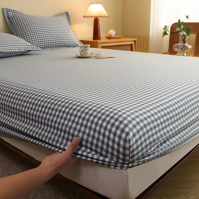 91家纺网 家纺一手货源 找家纺 绒多多 2025新款简约水洗棉色织床笠 蓝小格