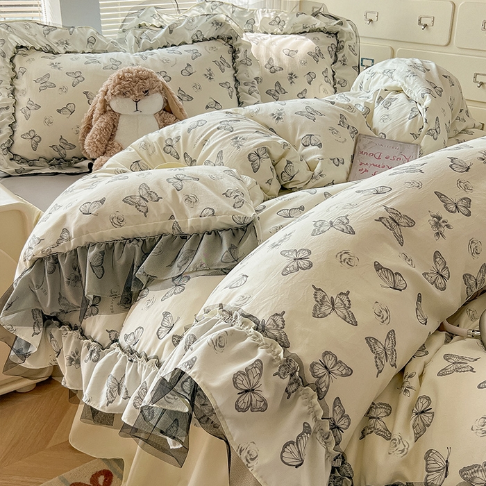 91家纺网 家纺一手货源 找家纺 （总）眠帛家居 2025新款A类法式皱皱纱小清新蕾丝花边四件套