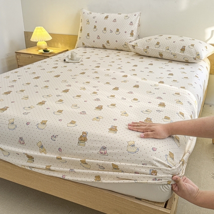 91家纺网 家纺一手货源 找家纺 布柔 2025新款100%全棉纯棉老粗布绣花印花凉席单品床笠 小熊床笠