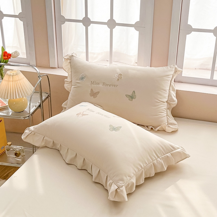 91家纺网 家纺一手货源 找家纺 恋之语 2025新款水洗棉刺绣花边四件套-蝶羽 蝶羽-米白