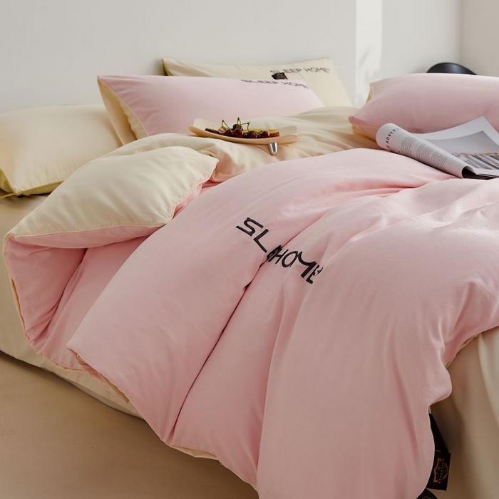 91家纺网 家纺一手货源 找家纺 恋之语 2025新款110克麻绳双拼刺绣四件套 樱花粉+米黄