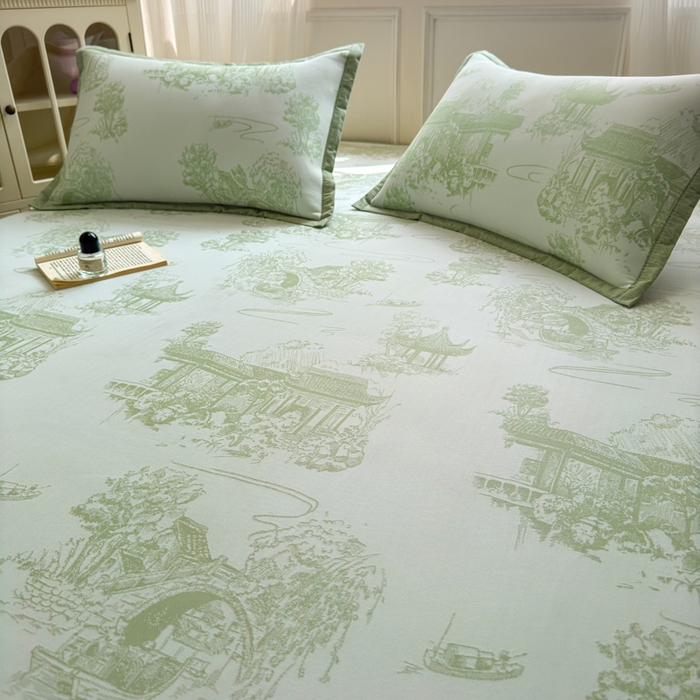 91家纺网 家纺一手货源 找家纺 花漾家居 2025新款A类色织提花PE凉感丝凉席三件套床单床笠款 床笠款-江南绿