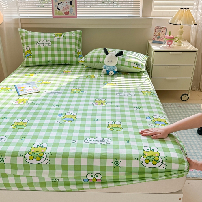 91家纺网 家纺一手货源 找家纺 呗旺鹿 2025新款正版三丽鸥全棉13372单品床笠 格子大眼蛙