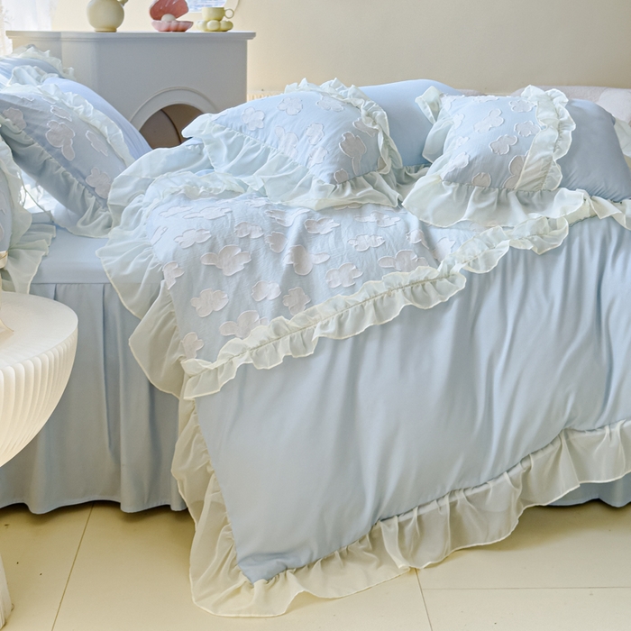 91家纺网 家纺一手货源 找家纺 狂想家  2025新款立体蕾丝花边梦娜系列四件套 梦娜晴空兰