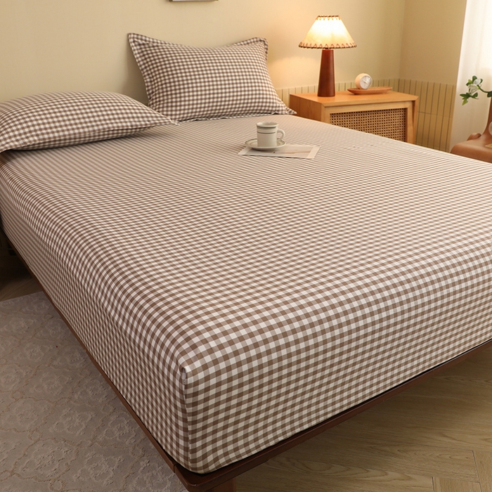 91家纺网 家纺一手货源 找家纺 绒多多 2025新款简约水洗棉色织床笠 咖小格