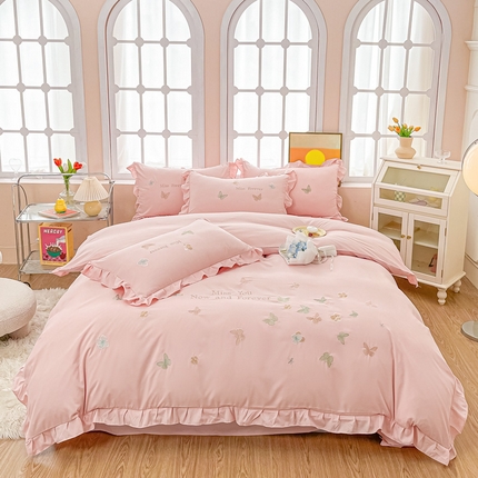 91家纺网 家纺一手货源 找家纺 （总）恋之语 2025新款水洗棉刺绣花边四件套-蝶羽