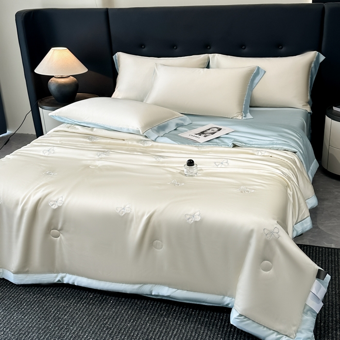 91家纺网 家纺一手货源 找家纺 满羽家纺 2025新款凉感冰丝夏被夏凉被空调被四件套 谜蝶-奶白兰