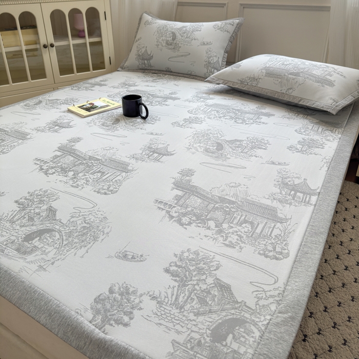 91家纺网 家纺一手货源 找家纺 花漾家居 2025新款A类色织提花PE凉感丝凉席三件套床单床笠款 床单款-江南灰