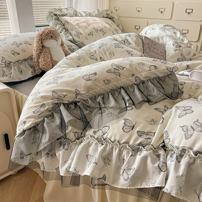 91家纺网 家纺一手货源 找家纺 （总）眠帛家居 2025新款A类法式皱皱纱小清新蕾丝花边四件套