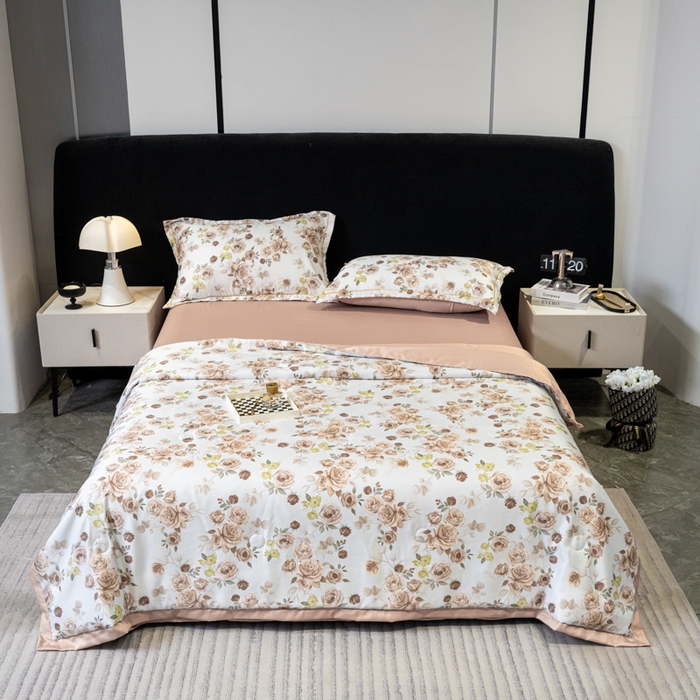 91家纺网 家纺一手货源 找家纺 归属2025新款水洗真丝夏被四件套空调被夏凉被 玫瑰园