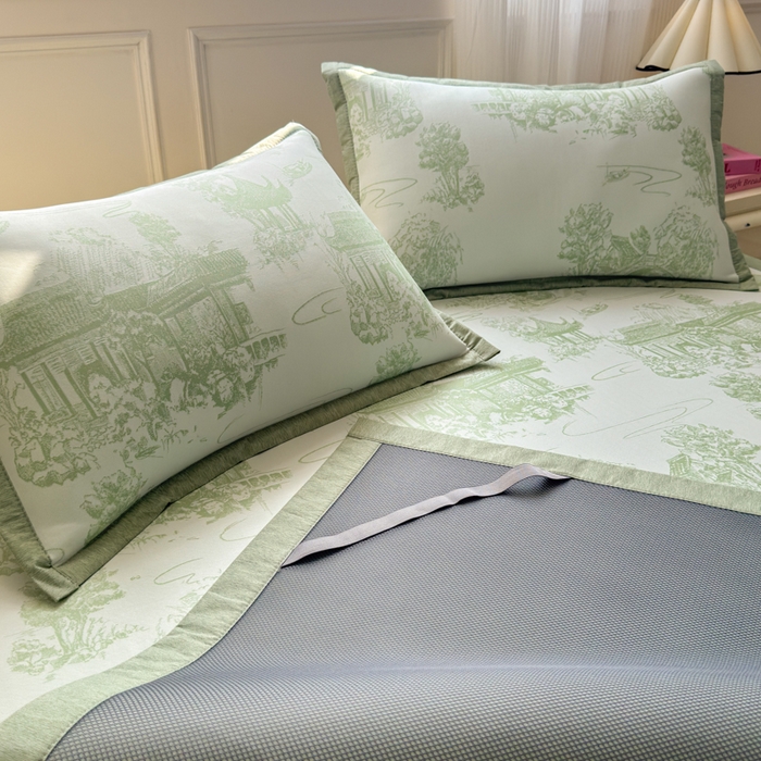 91家纺网 家纺一手货源 找家纺 花漾家居 2025新款A类色织提花PE凉感丝凉席三件套床单床笠款 床单款-江南绿