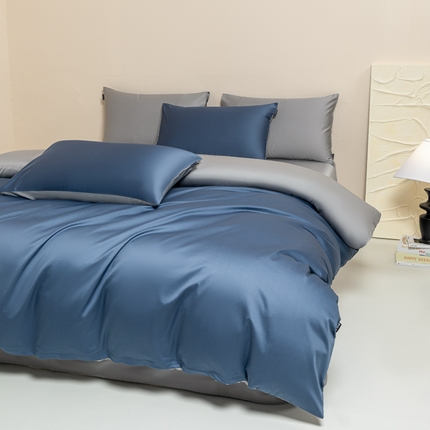 舒慕家纺 2025新款100s高支贡缎长绒棉纯色四件套双拼四件套（送包装） 宾利蓝-象牙灰