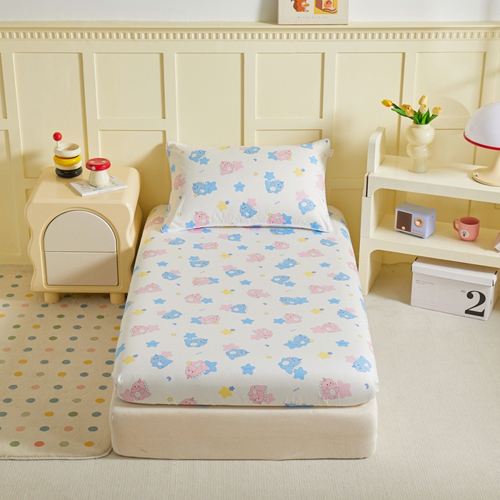 91家纺网 家纺一手货源 找家纺 ds生活馆 2025新款儿童纯棉精梳棉系列单床笠 星星恐龙白